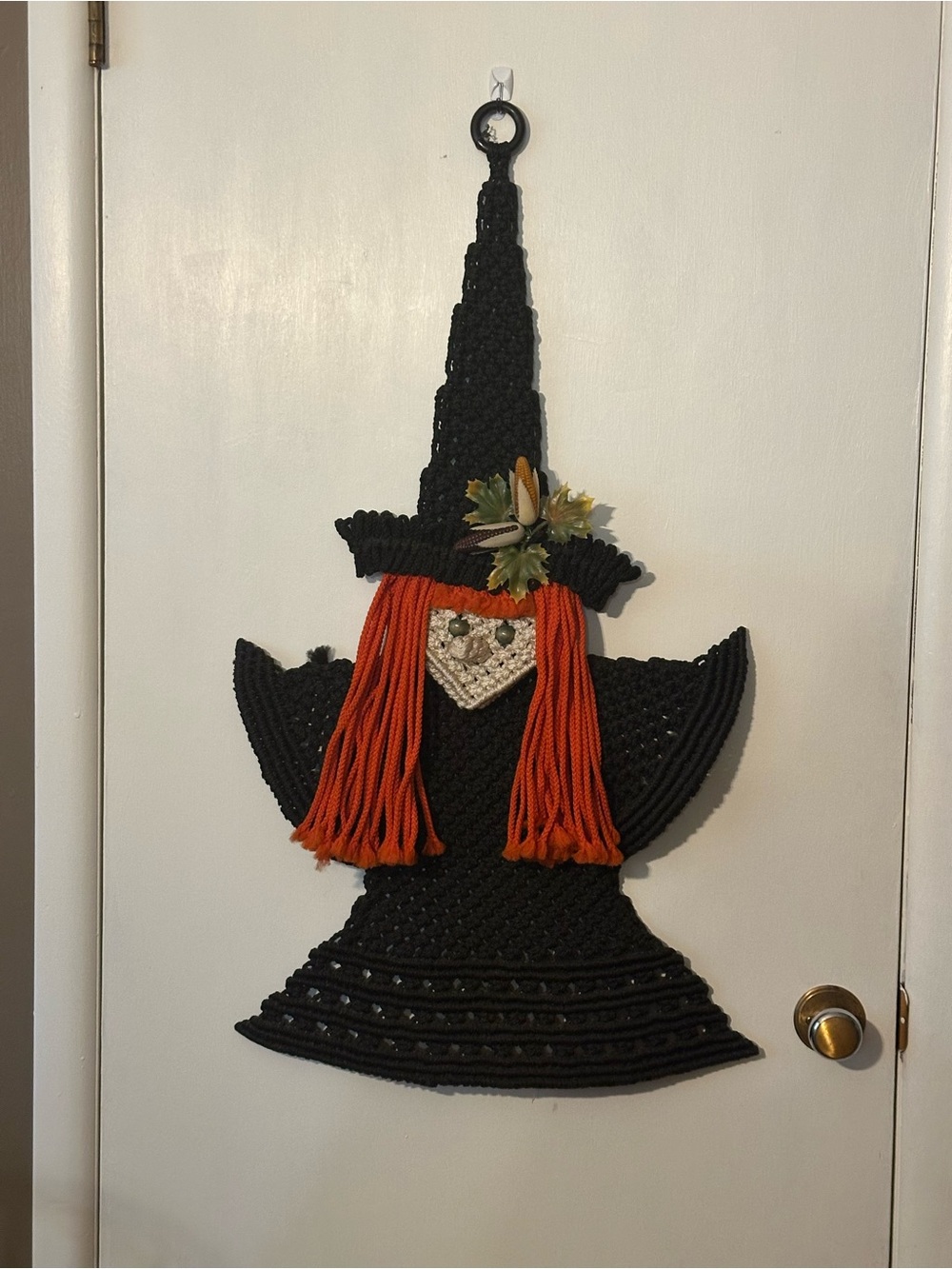 vintage, handmade black macrame Halloween witch wall hanging Handcrafted
